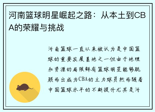 河南篮球明星崛起之路：从本土到CBA的荣耀与挑战