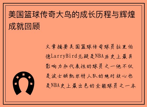 美国篮球传奇大鸟的成长历程与辉煌成就回顾